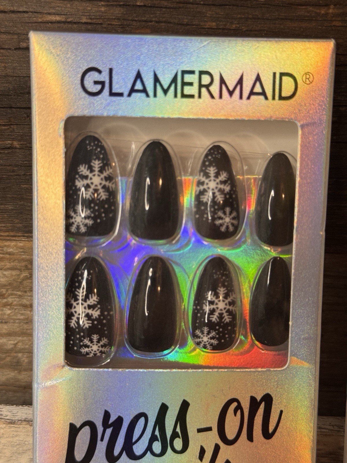 Set of 2 Press-On Nails, Snowflakes on Black Coffin; Red & White Knit Square