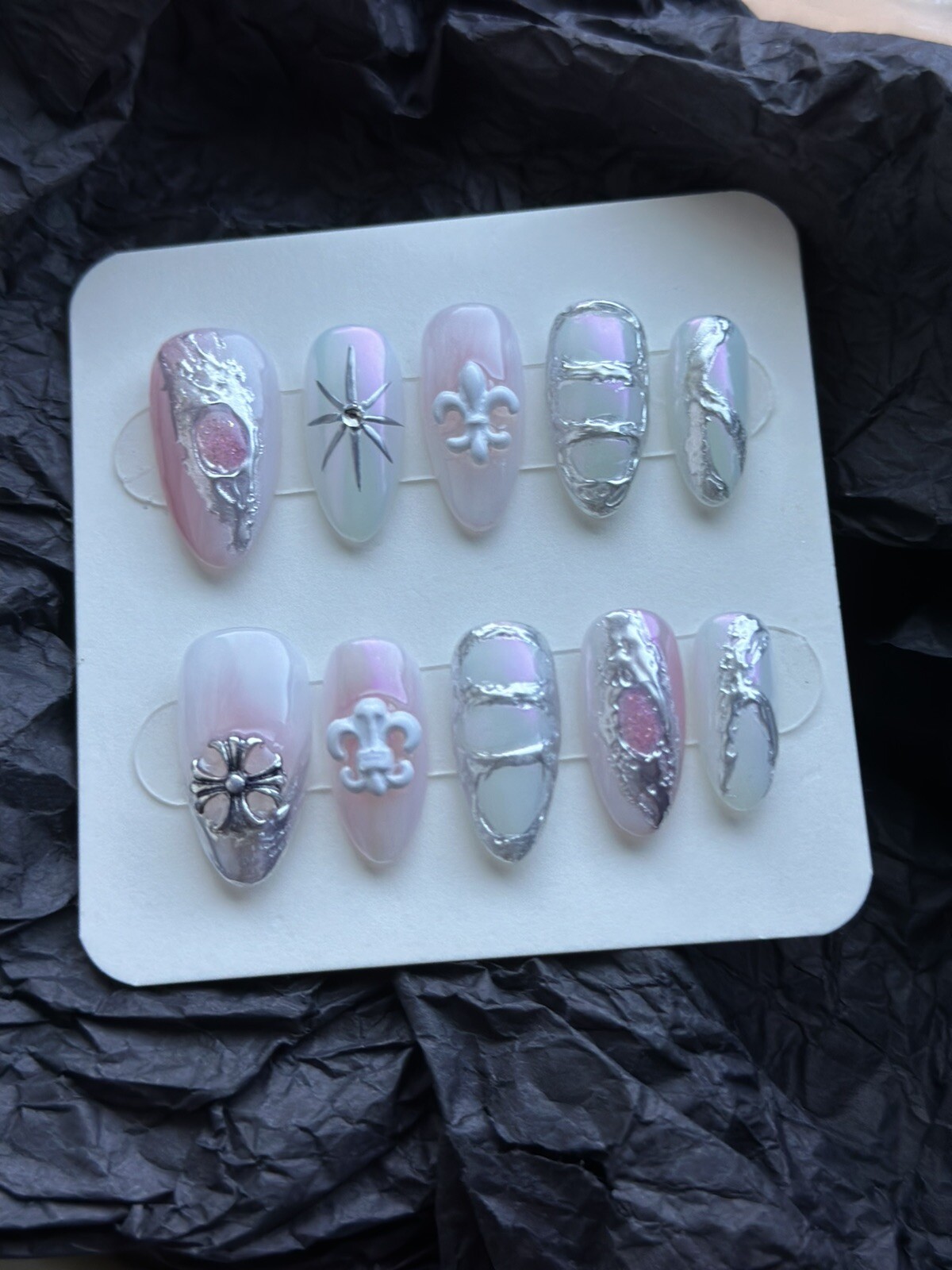 CUSTOM Handmade press on Gel nails Medium Almond Y2k Style Nails Set Size:S
