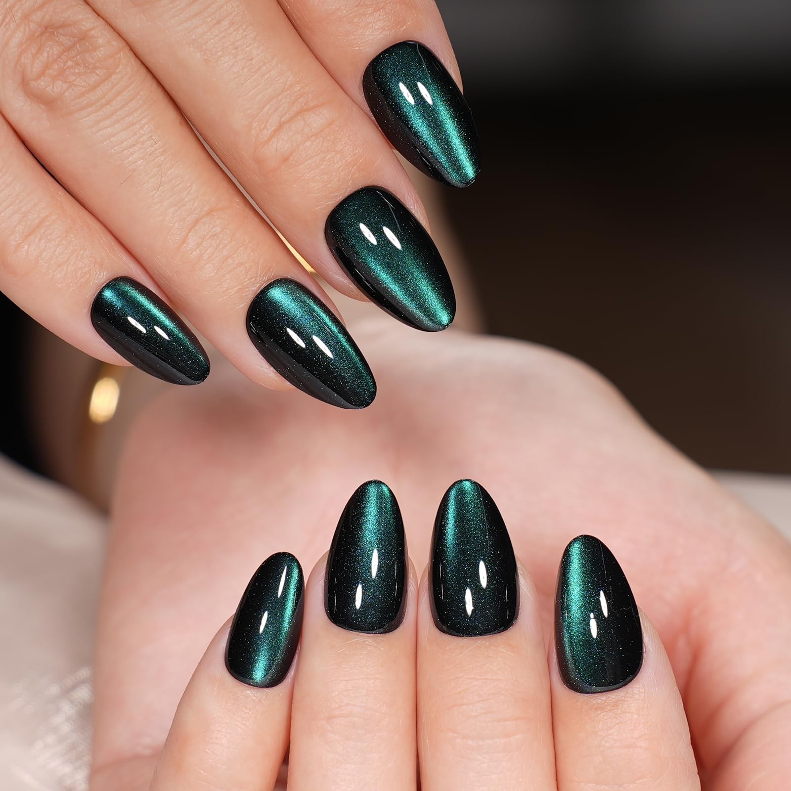 Emerald Green Cat Eye Press On Nails, Short Almond Reusable Soft Gel Nails | …