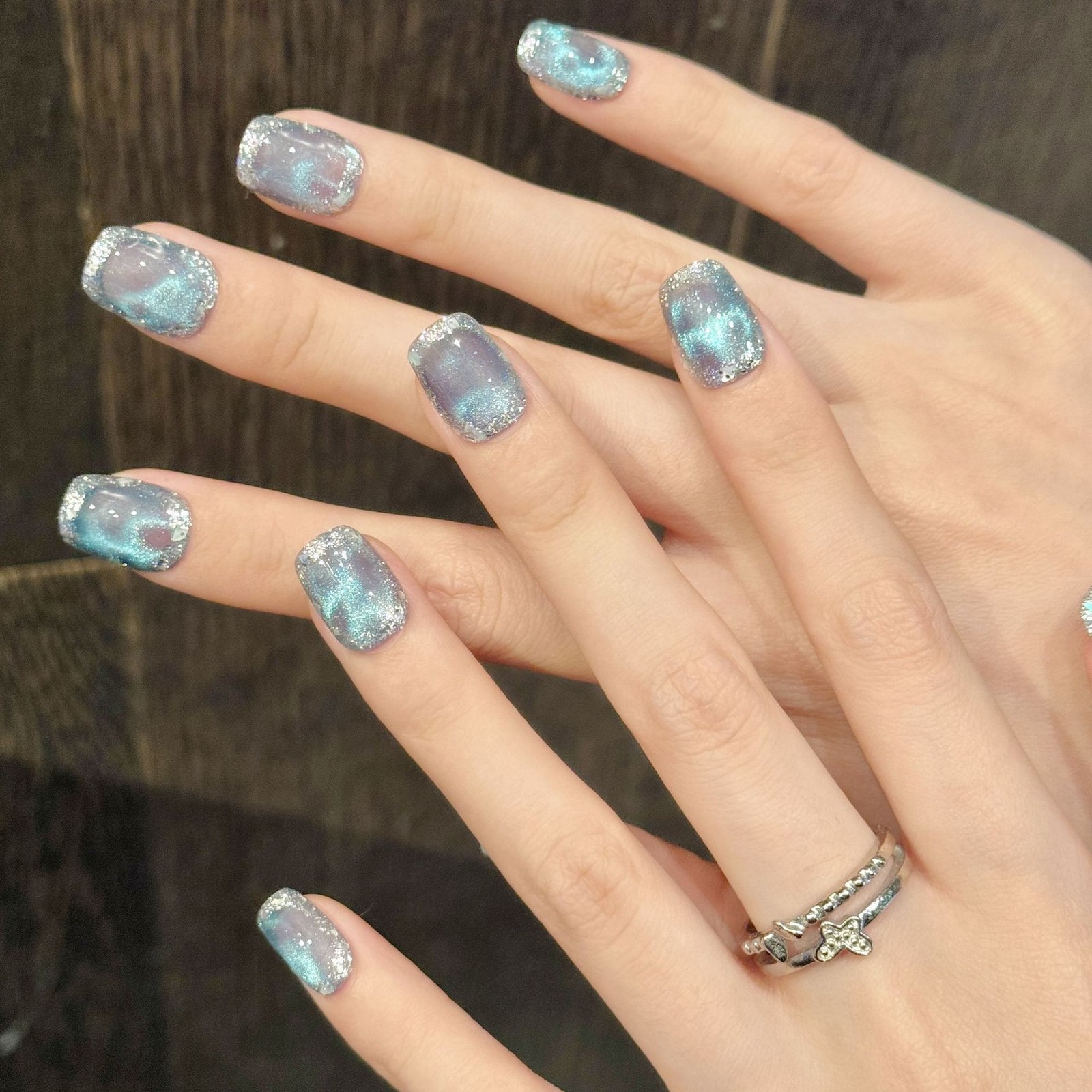 Handmade Blue Ice-clear Texture Sequin Shiny Fake Nail Oval/Square Press On Nail