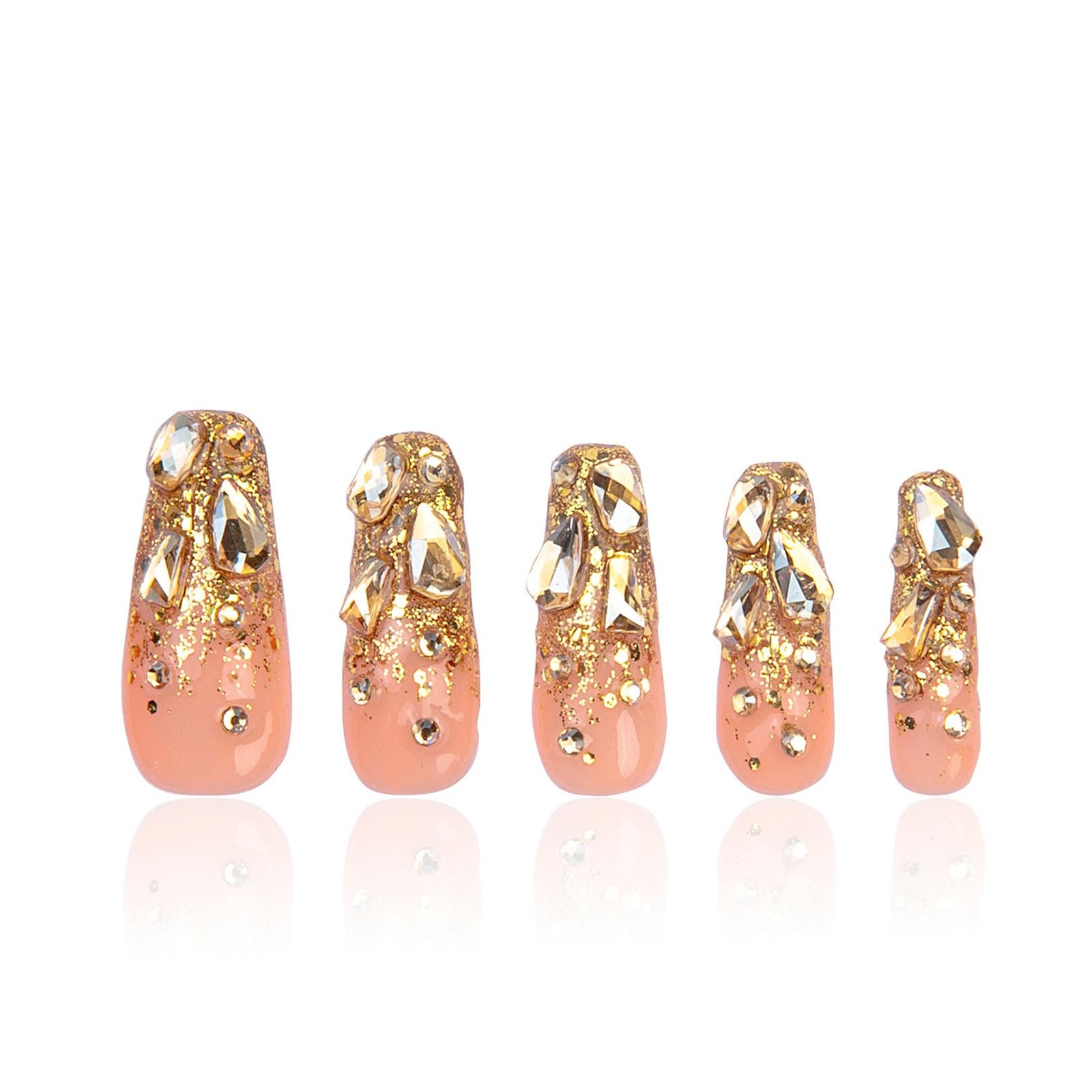 Press on Nails Stardust Gold Rhinestone Coffin Classic 1.3in – Reusable Full