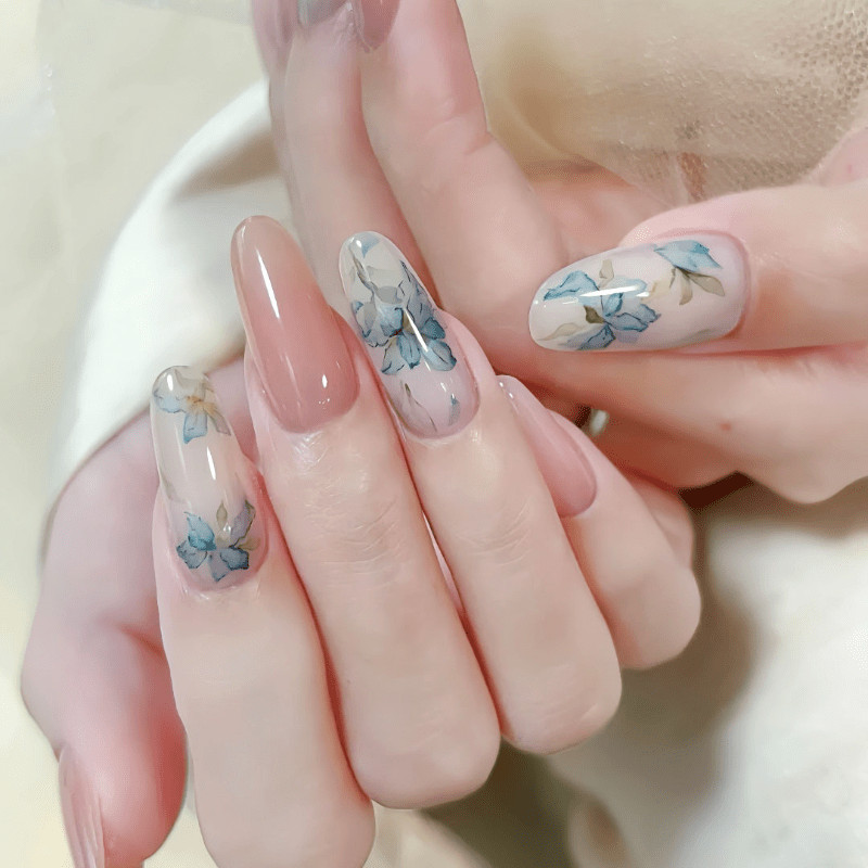 60pcs Almond Press on Nails, Nude Clear Watercolor Blue Floral Elegant Nails