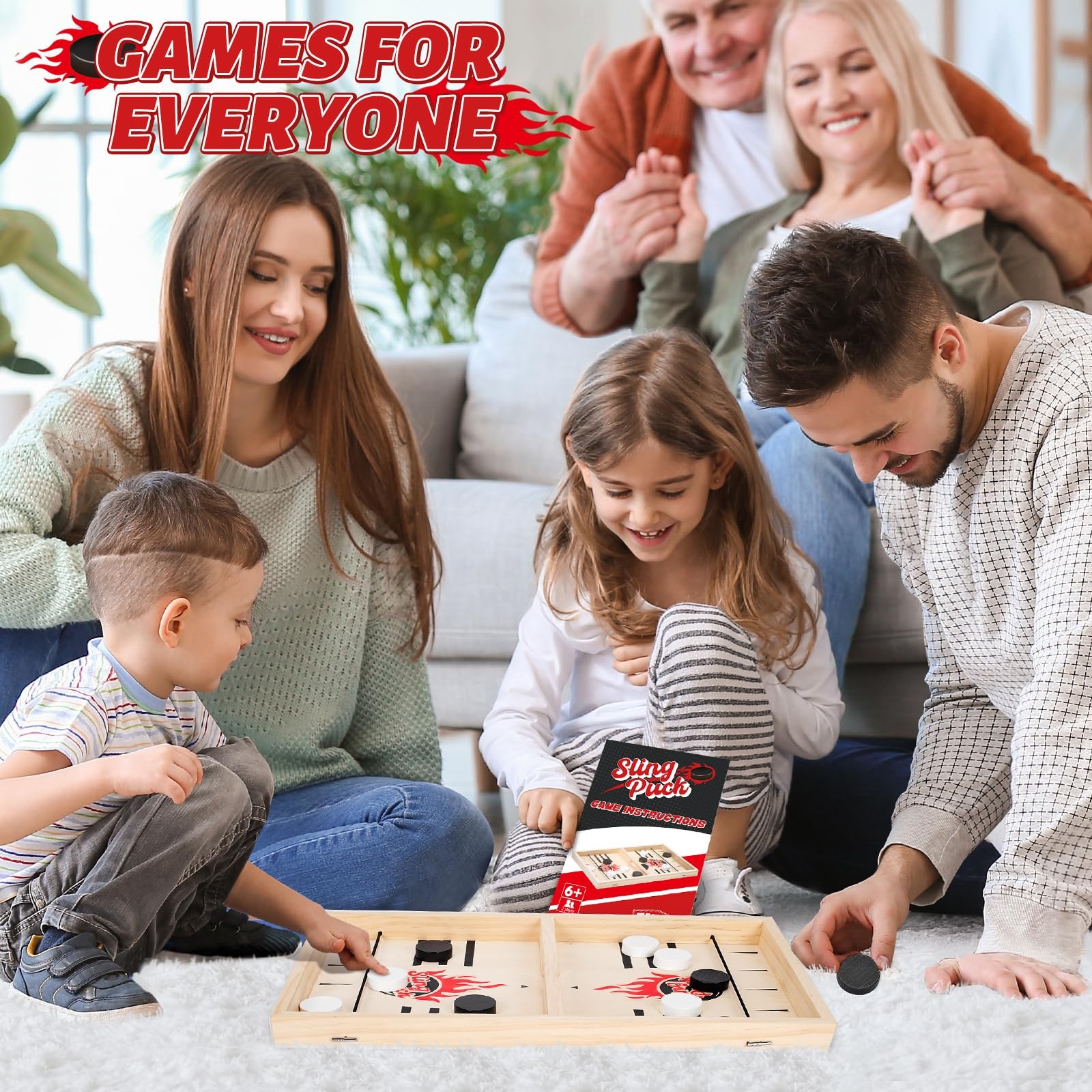 Large Fast Classic Slingshot Puck Game, Wooden Hockey Board Games red, black