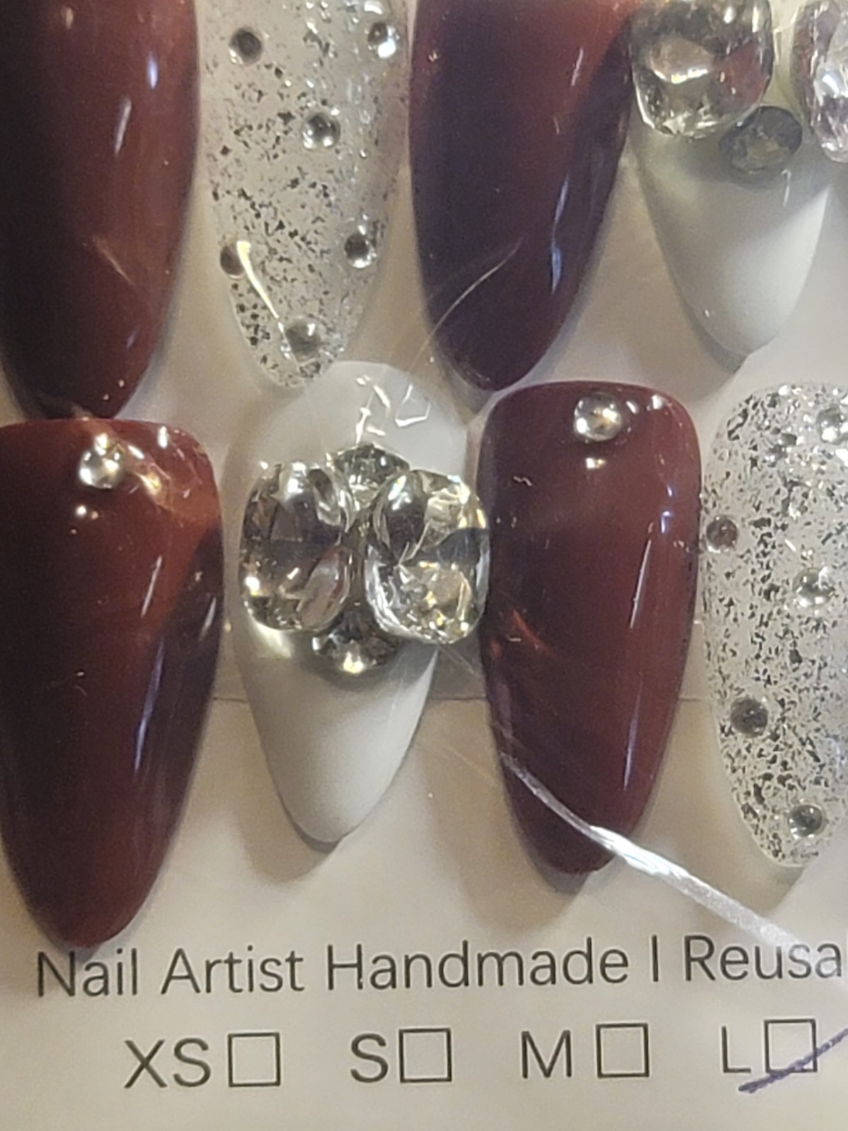Handmade 10 PC Set Nails Mauve Silver Gem And White Spkl, Sz L Med Almond