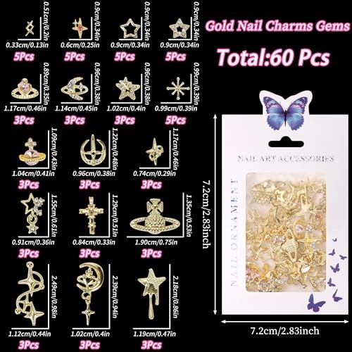 60PCS Gold Nail Charms Cross Star Charms for Nails 3D Saturn Planet Nail gold