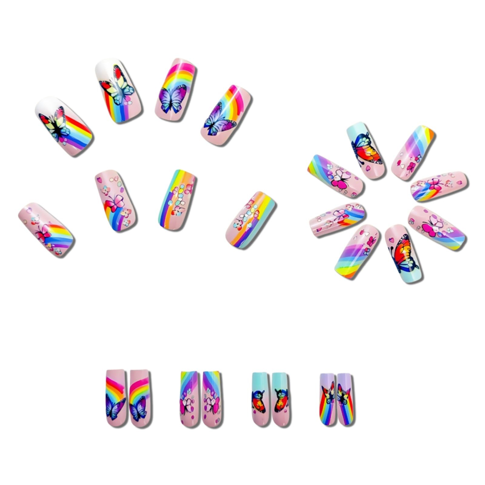Rainbow Butterfly Press on Nails Medium Square Fake Nails Pink Smudge Design …