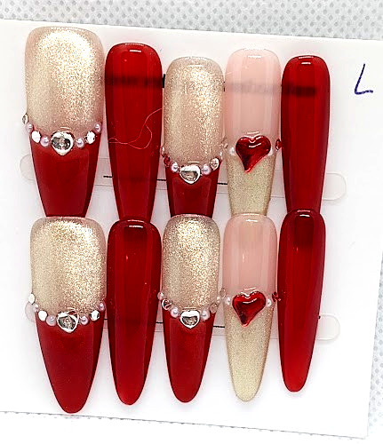 Stunning 10 pc. SIZE LARGE Rhinestone Handcrafted Almond 3D Press on nails red
