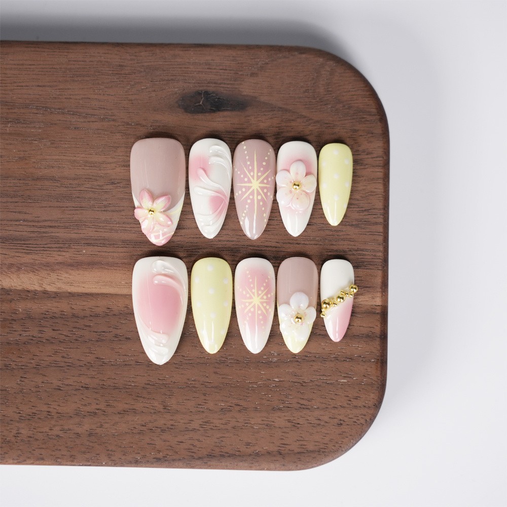Handmade Pink Yellow Floral Press on Nails Gradient Polka Dot Lovely Fake Nails