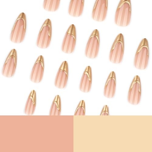 Medium Press on Nails Almond – Gold Fake Nails with 3D Design – Gold French