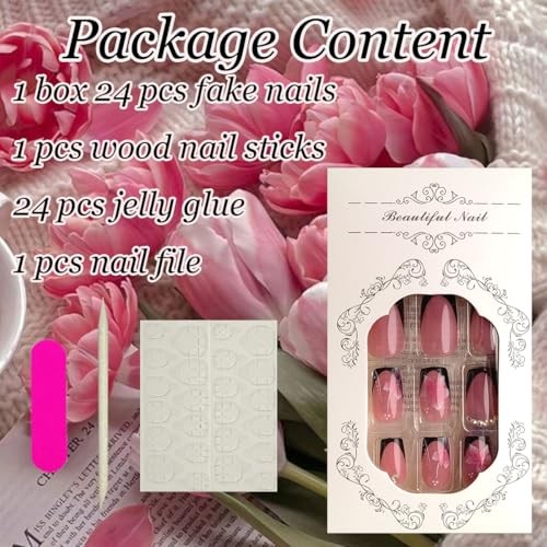 24Pcs Black French Tip Press on Nails Medium Square Flower Nails Medium-30
