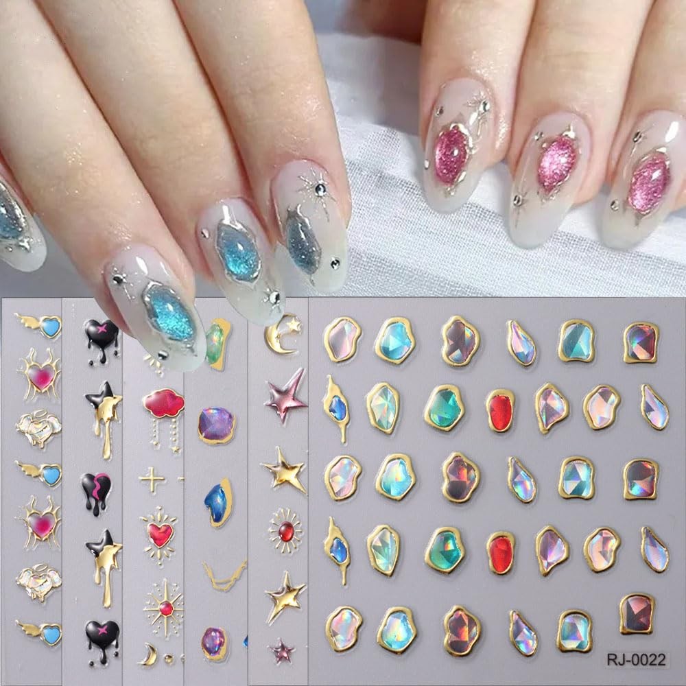 6Sheets 5D Embossed Stickers, Crystal Soft Glue Irregular Gems, Geometric Fra…