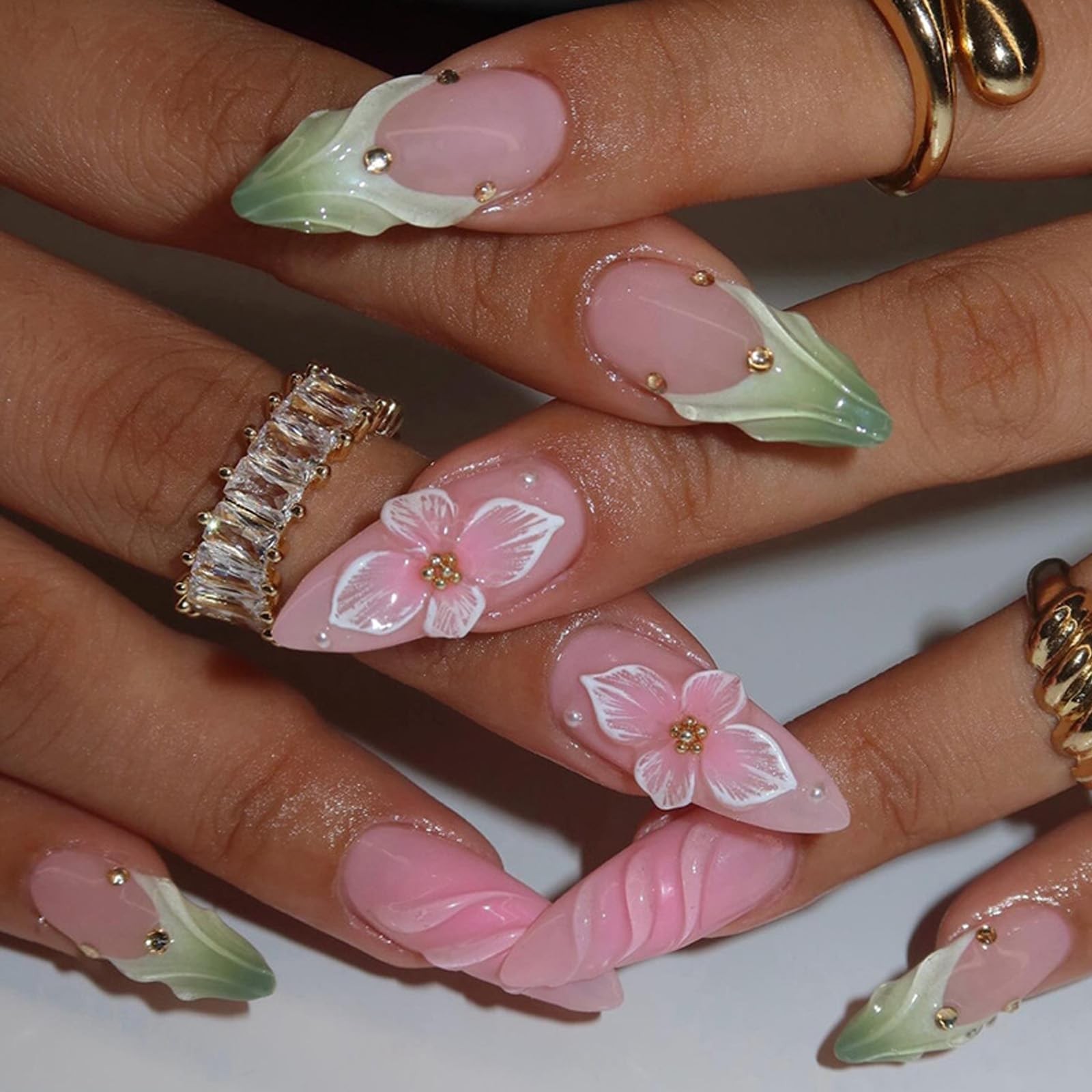 24Pcs Flowers Press on Nails Medium Almond French Tip Fake Nails with Glue Pi…