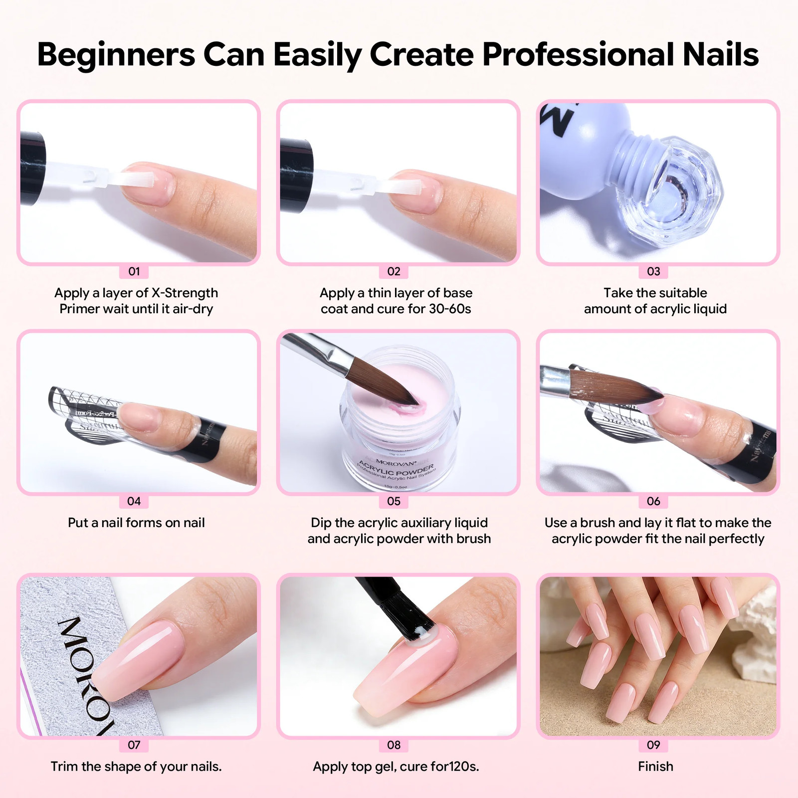 Morovan Acrylic Nail Kit – Clear Pink & White Powder with Liquid Set, Nail Brush