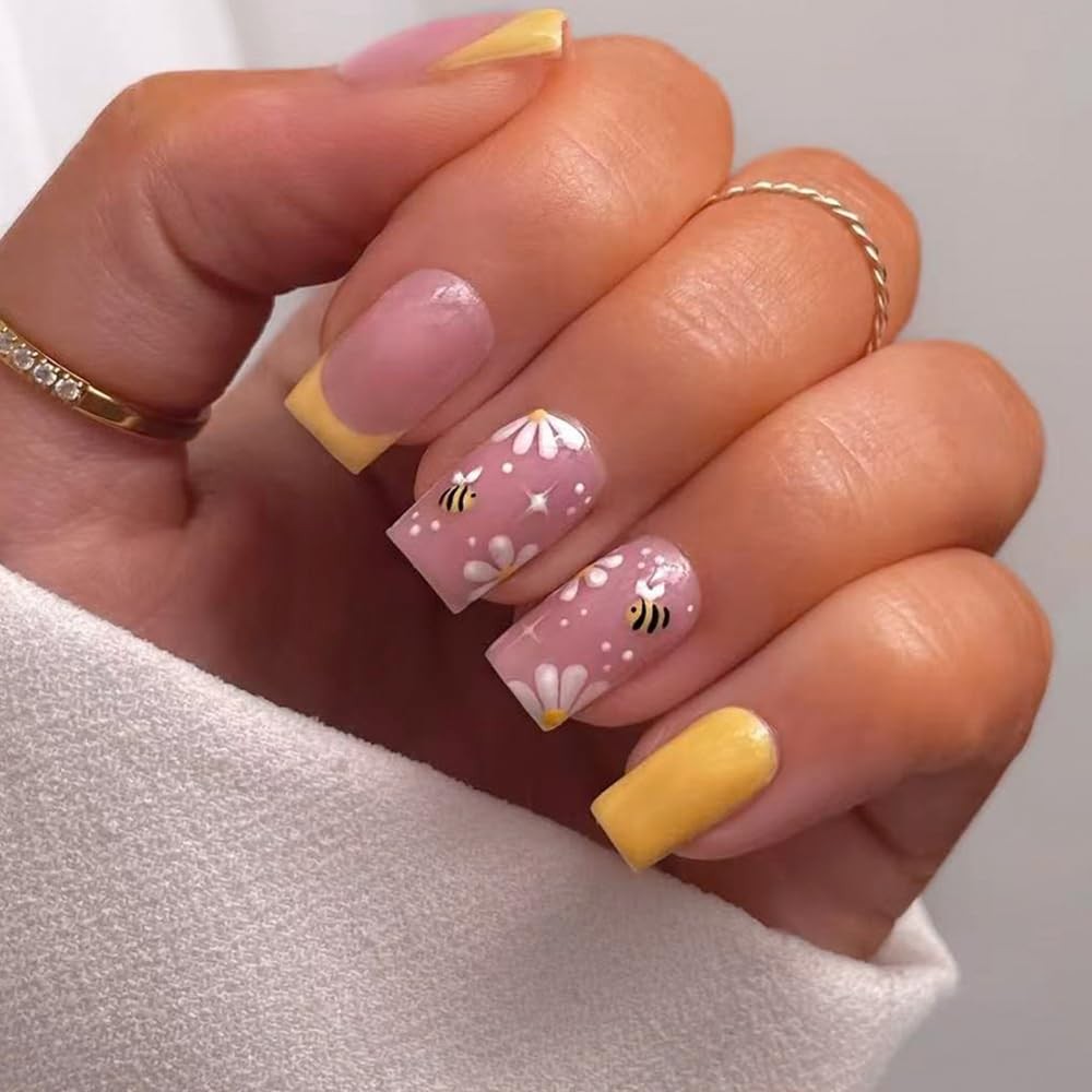 CEWEWP Yellow French Tip Press on Nails Short Square Fake Nails with White Fl…