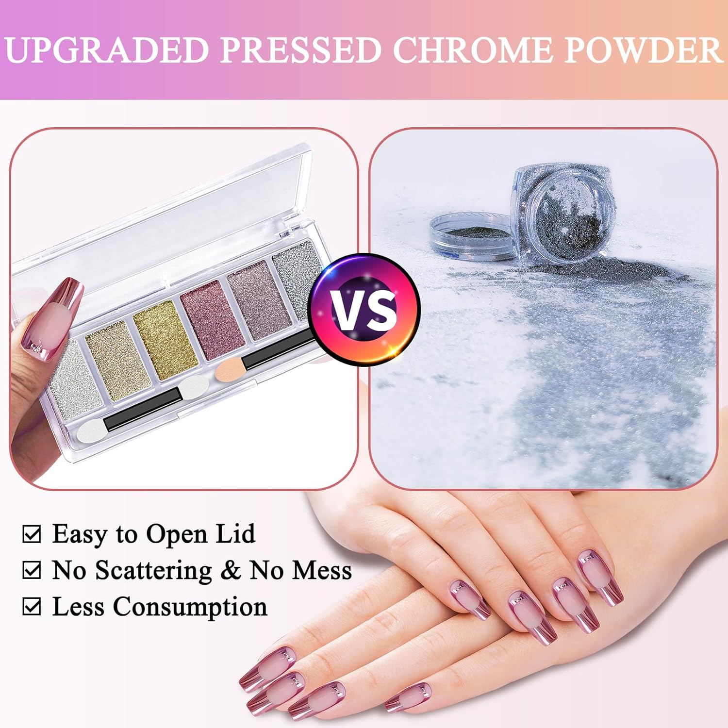 Gold Silver Chrome Nail Powder, 6 Colors Metallic Mirror Effect Pink Light Purp