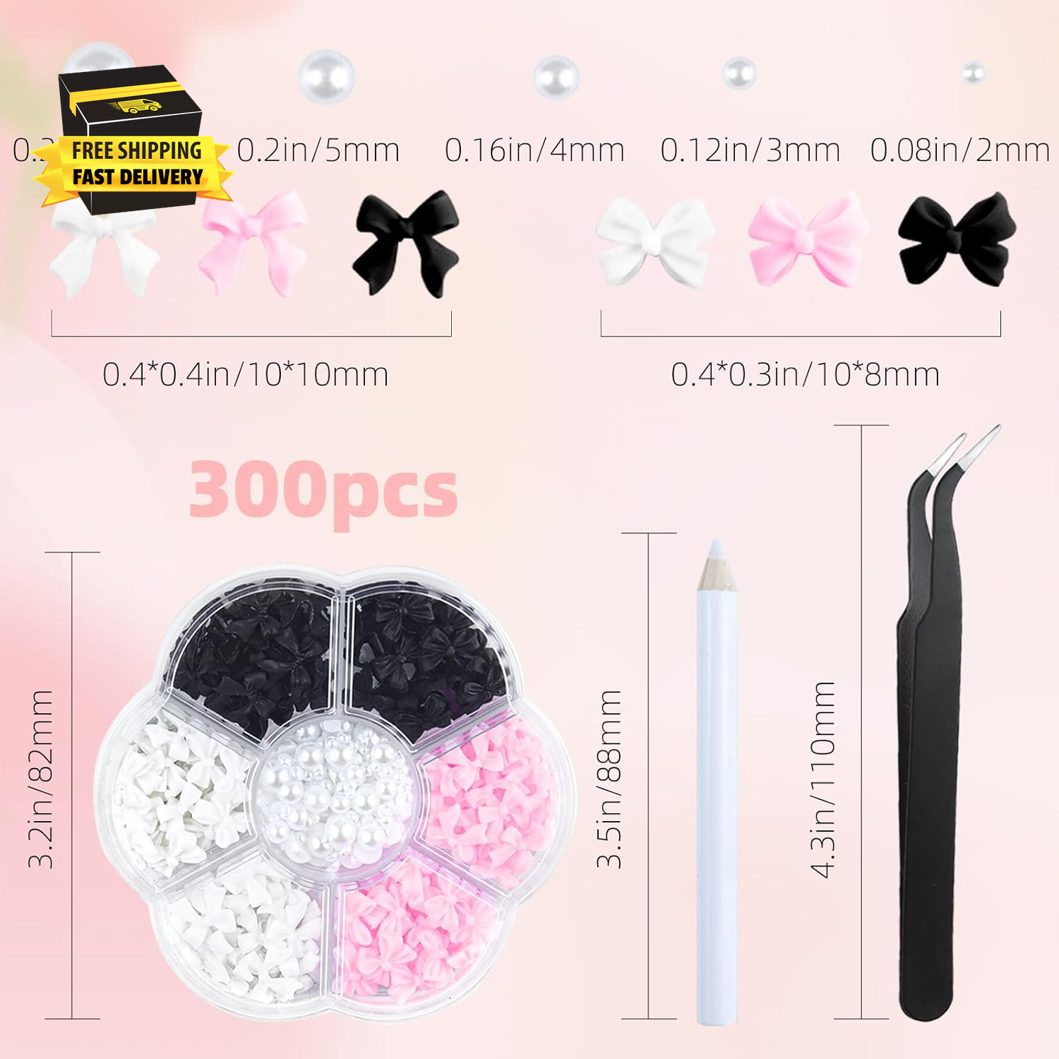 300Pcs 3D Bow Nail Charms and Flatback Pearls Set,Black White Pink Bowknot,Bow-K