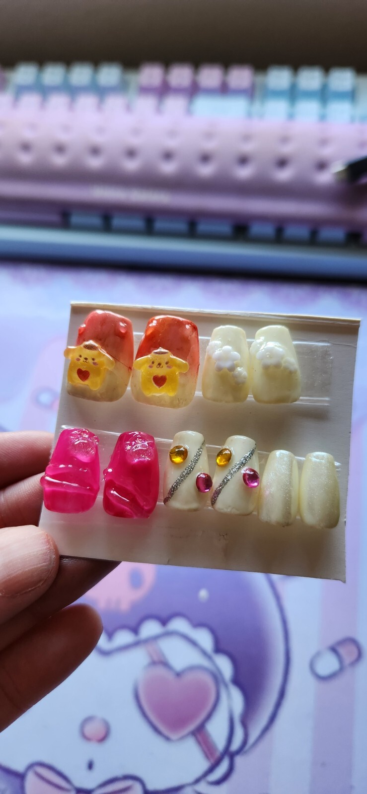 Hand Painted “Pompompurin” Extra Short Coffin Length Press On Nails (size M/L)