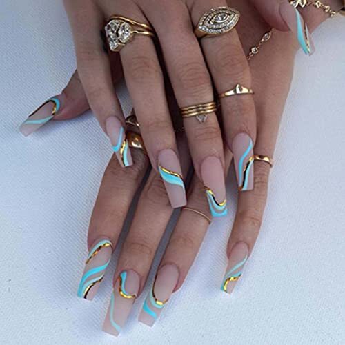 Extra Long Press on Nails Swirl Nude Fake Coffin Nails Tips Full Cover Style3