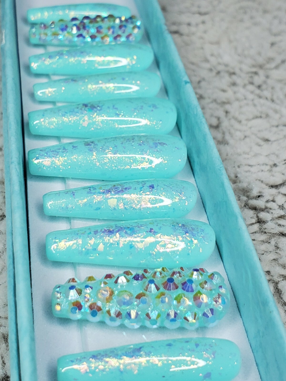Teal green Mermaid crystal opal glitter bling press on nails luxury diamond