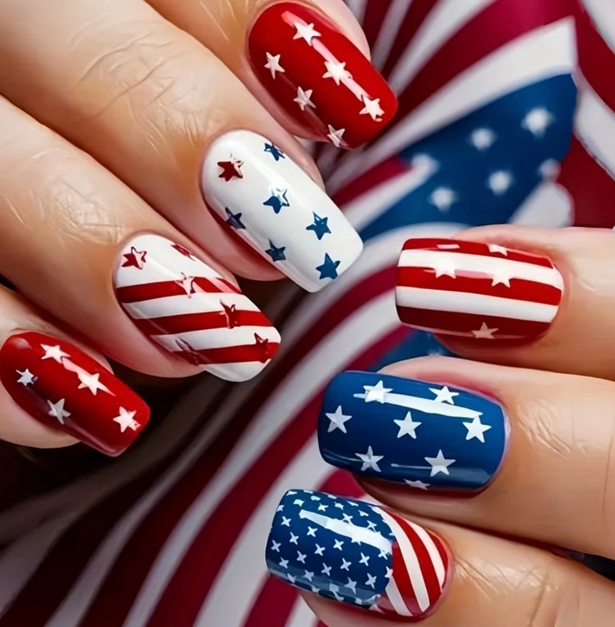 Patriotic 4th of July Red White & Blue Star Design, Medium Square Press on Nails
