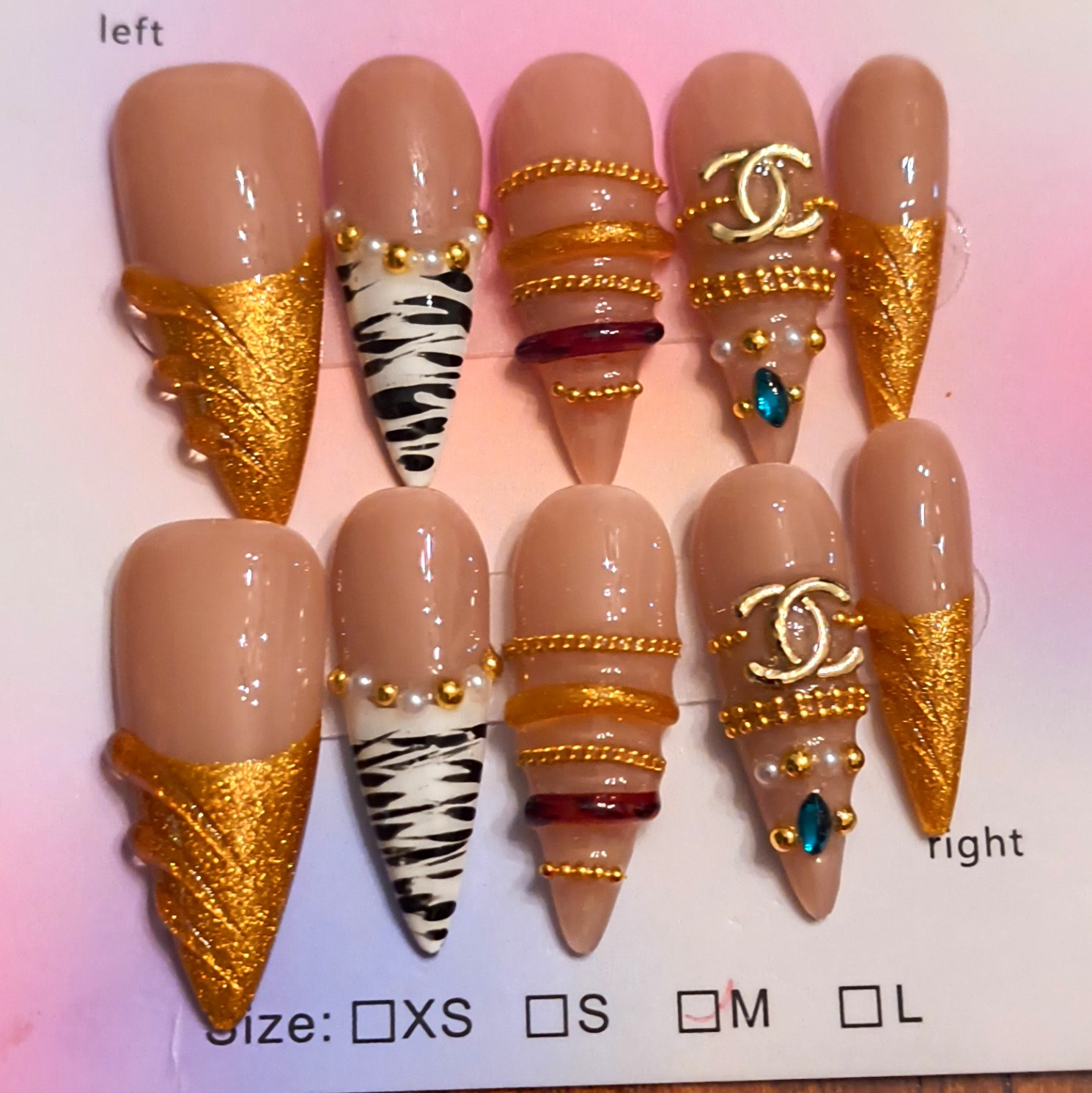 Press-On Nails Inspired Long Stiletto Nude Med Black White Zebra Full Cover