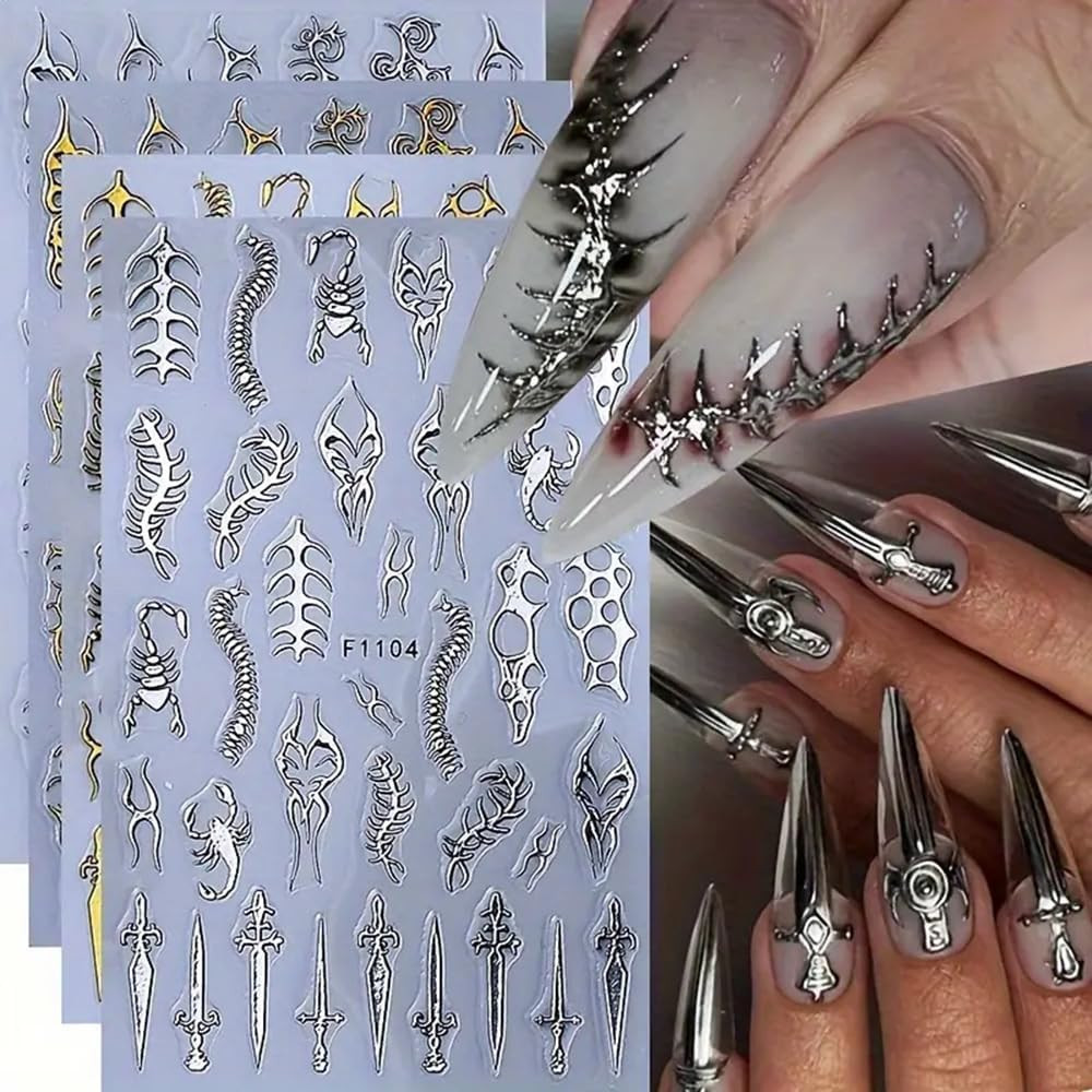 4 Sheets Goth Nail Stickers for Nail Art 3D Punk Style Black Belt Nail Art Stick