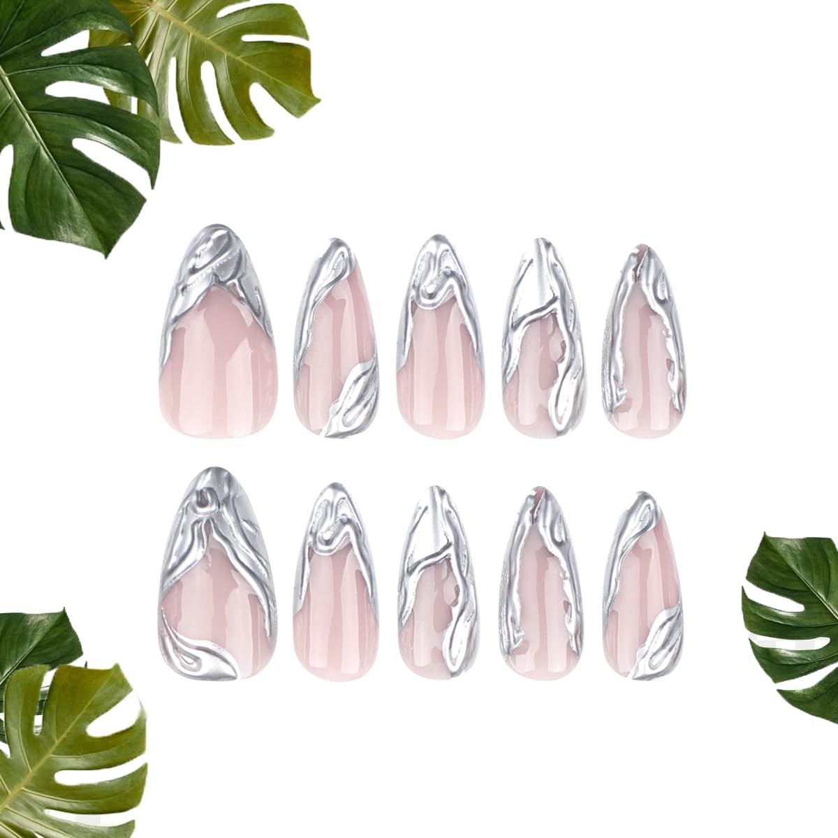 24Pcs Press on Nails Long French Tip, Metal French False Nails Natural Full C…