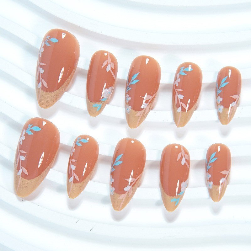 48pcs-Nude Almond Press on Nails, Yellow French Tip with Painted Flower & Leaves