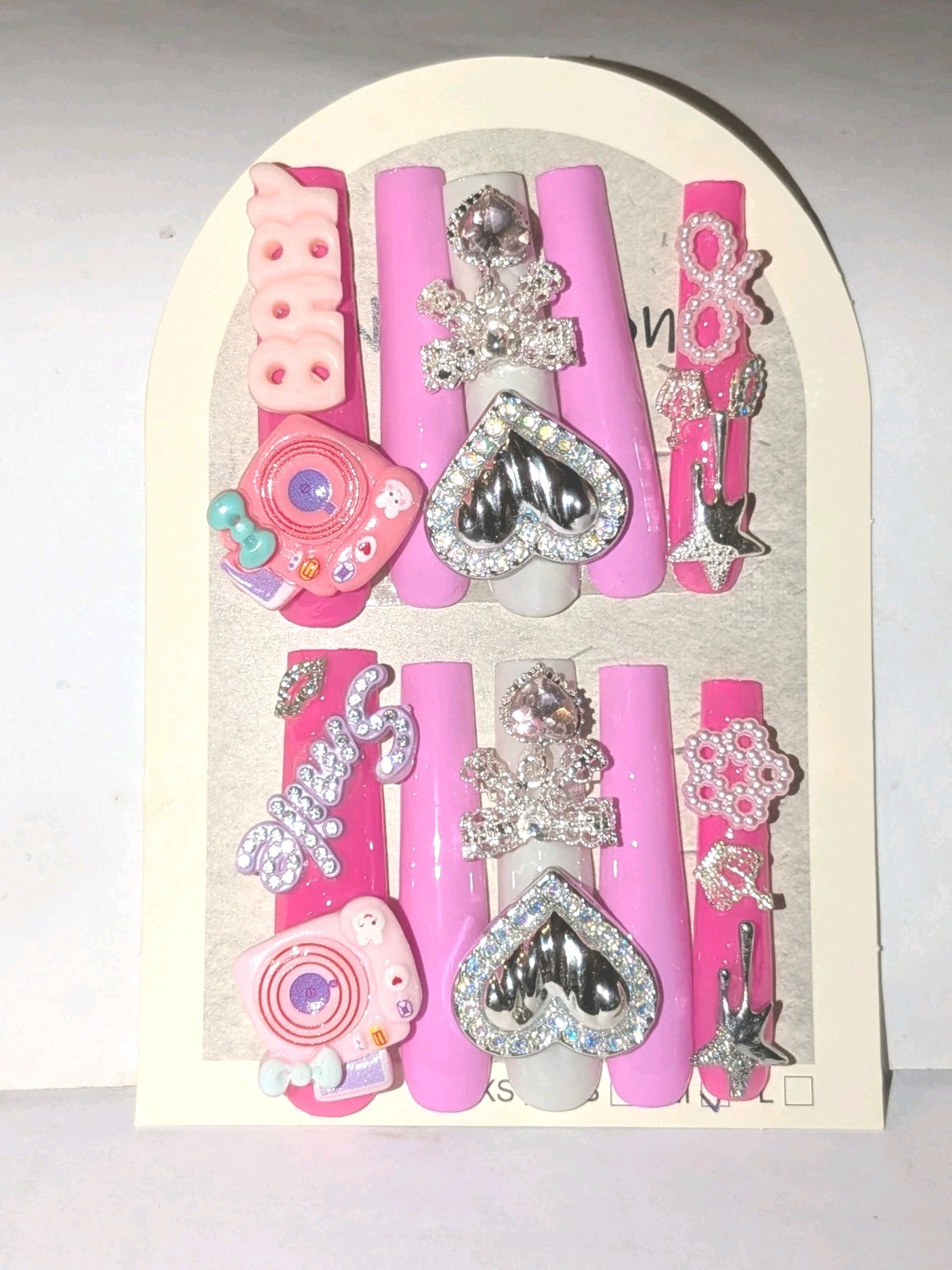 Handmade 3xl Acrylic Pink Rhinestone Heart & Bow Decorative Press-On Nails Sz L