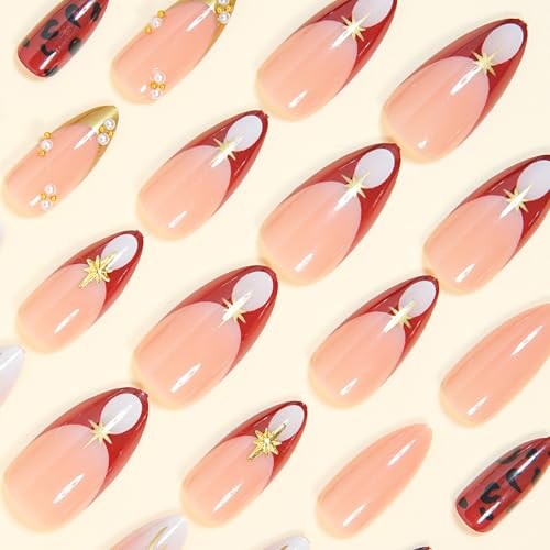 French Tip Gold Trim Acrylic Medium Almond Nude Pink Burgundy False Nails