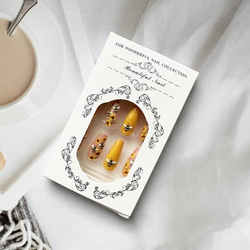 Coffin Press on Nails Yellow Fake Nails Spring Summer False Nails Style-A8