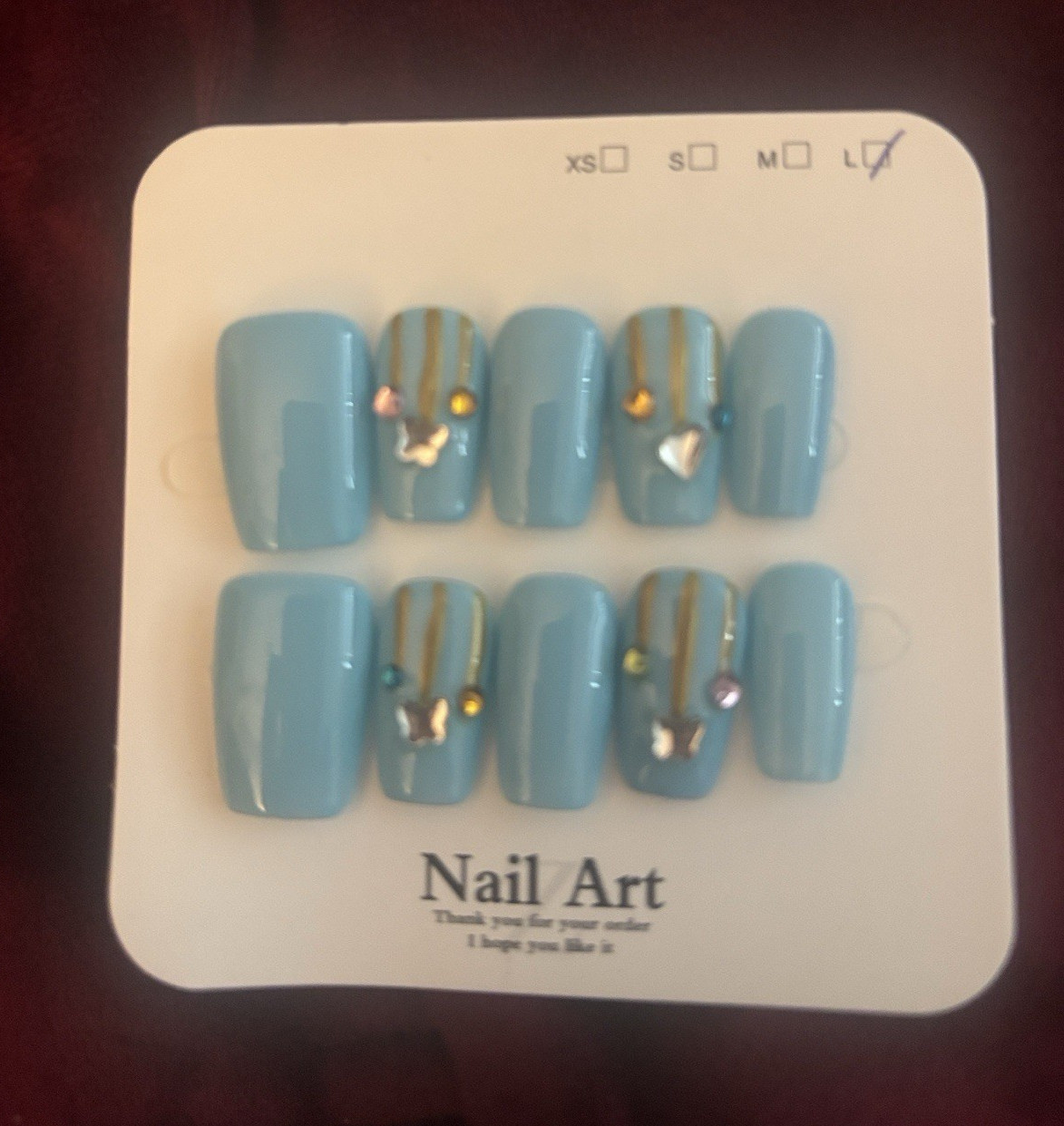 Press-On Nails Set Blue/Gold Shiny Butterfly Rhinestones Long Square Full Cover