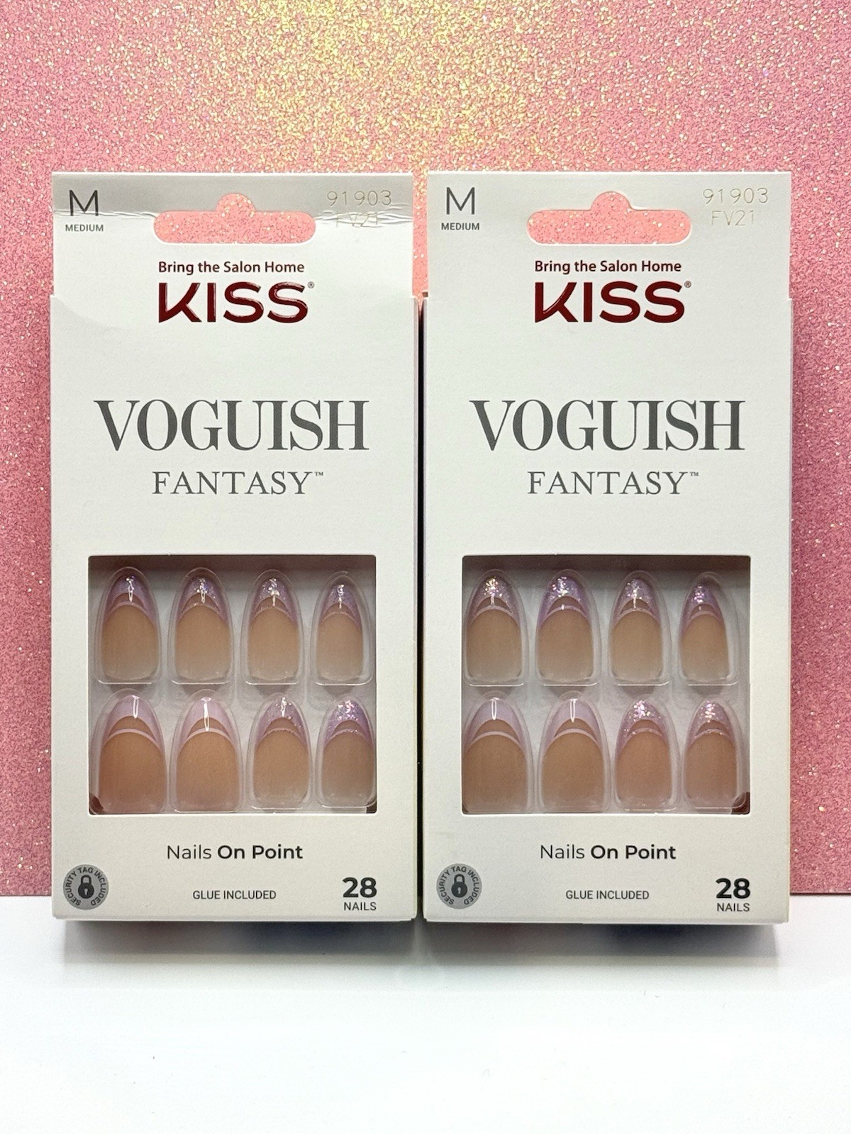 Kiss Voguish Fantasy Press-On Nails Medium Almond Purple Glitter 91903 Lot Of 2