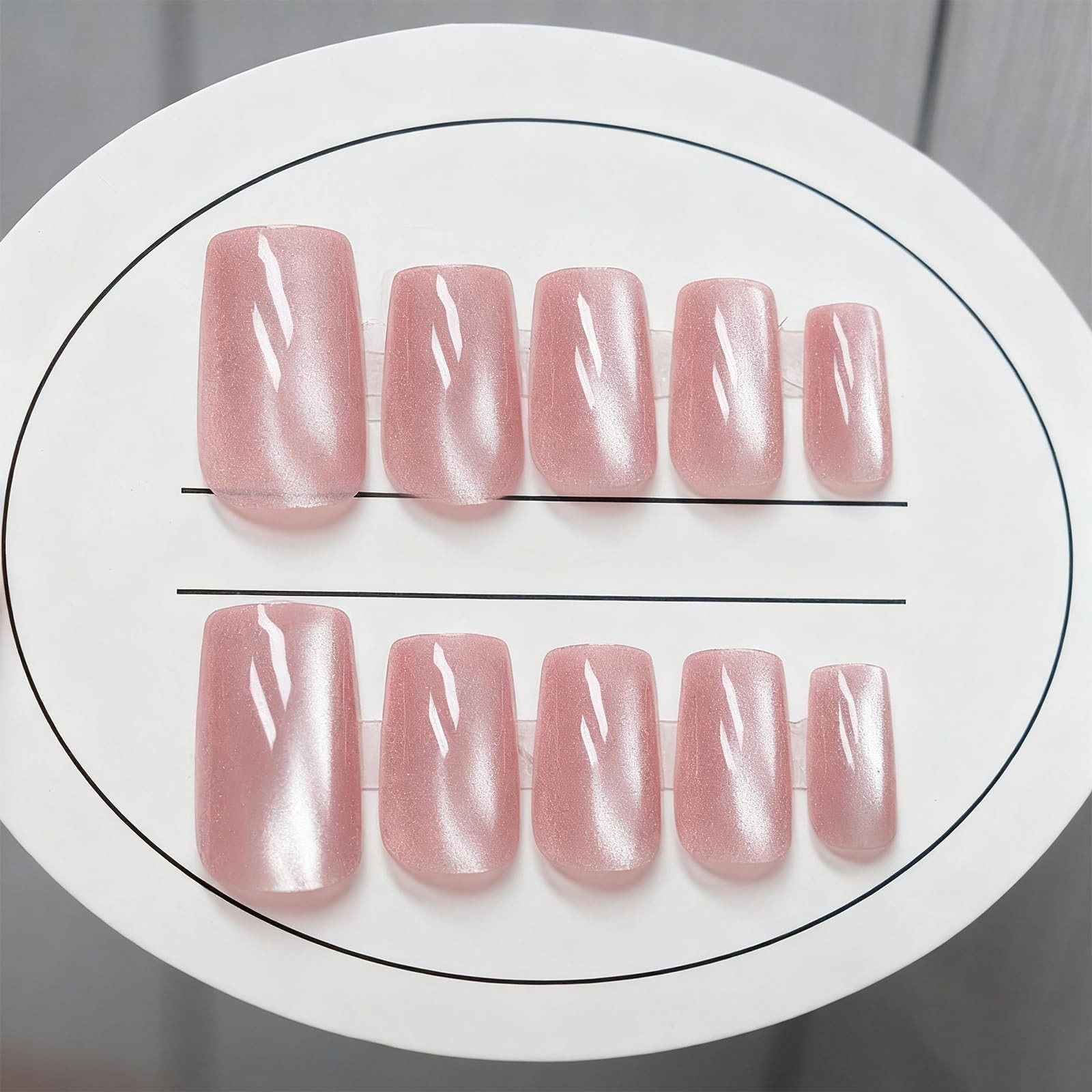Sparkling Bare Pink Press on Nails Square Medium Shiny Glitter Nude Pink Fals…