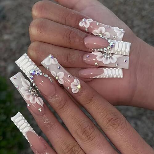 24Pcs Very Long Press on Nails Square Fake Nails Glossy Nude False Nails A7