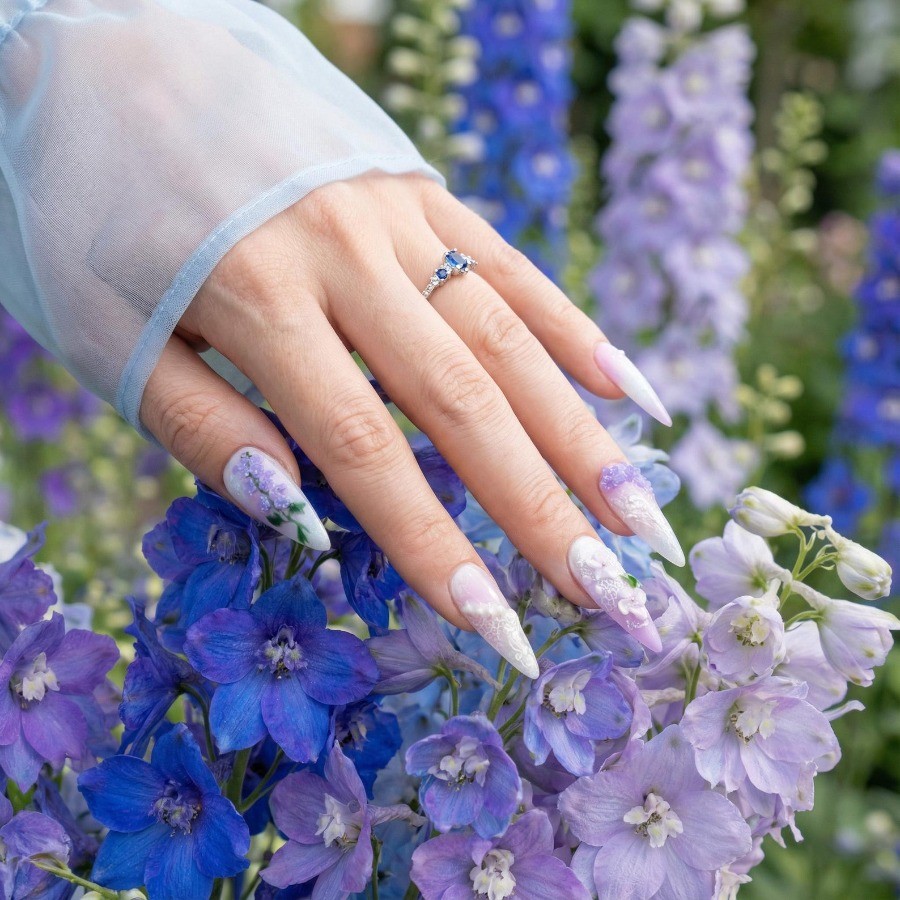 Custom Pure Handmade Nails Wisteria Lace Pearl Rhinestone Wedding Manicure
