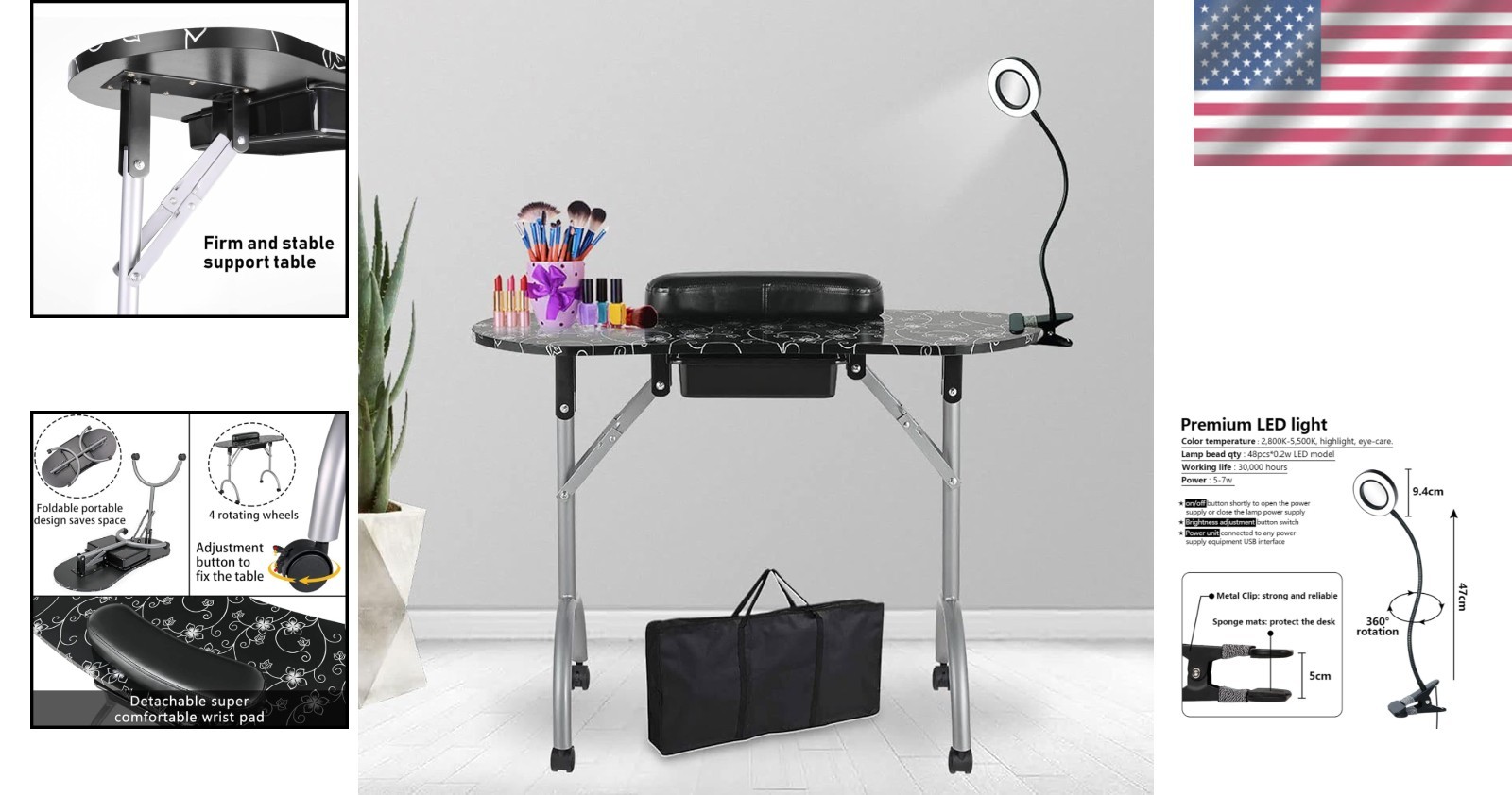 Professional Black Manicure Table 36”L with USB LED Light & Comfort Sponge Pad