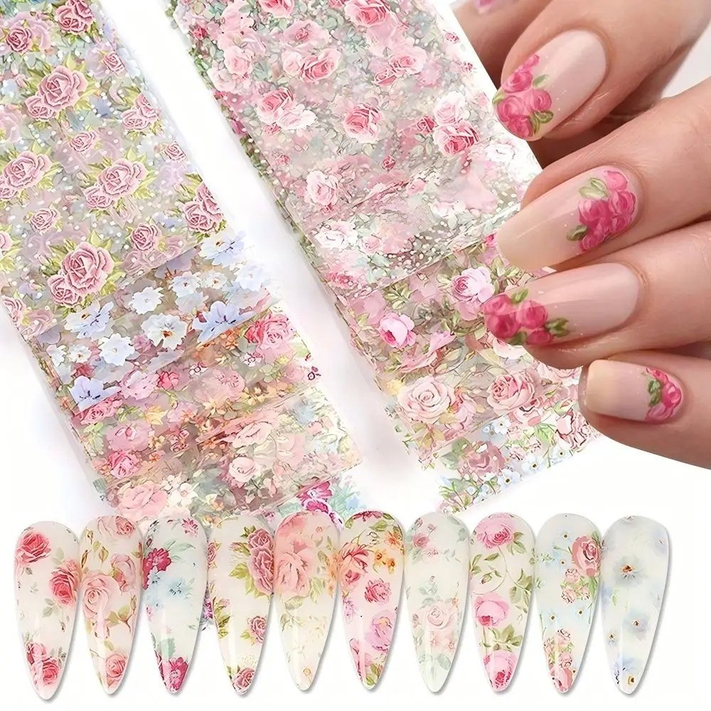 10PCS Mixed Nail Art Foils Transfer Sticker Set Rose Flower Designs Floral Decor