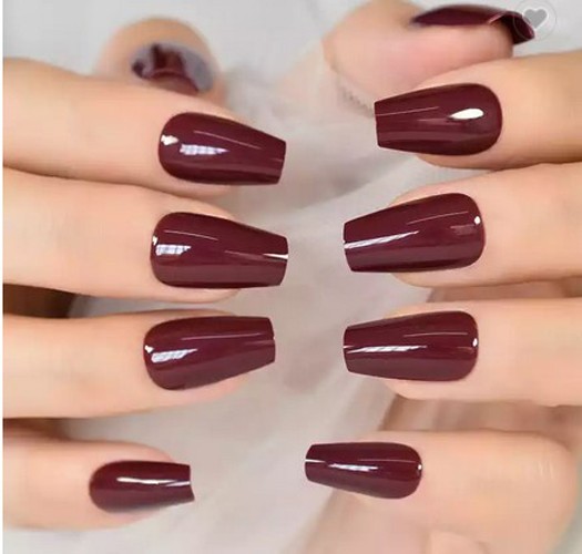 Dark Red Glossy Medium Coffin Press on Nails