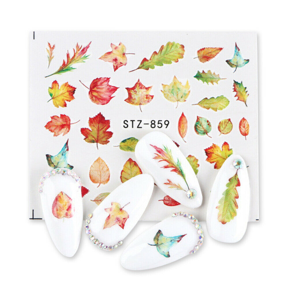 Nail Art Water Decals Stickers Transfers Autumn Winter Green Maple Oak Leaf NH15