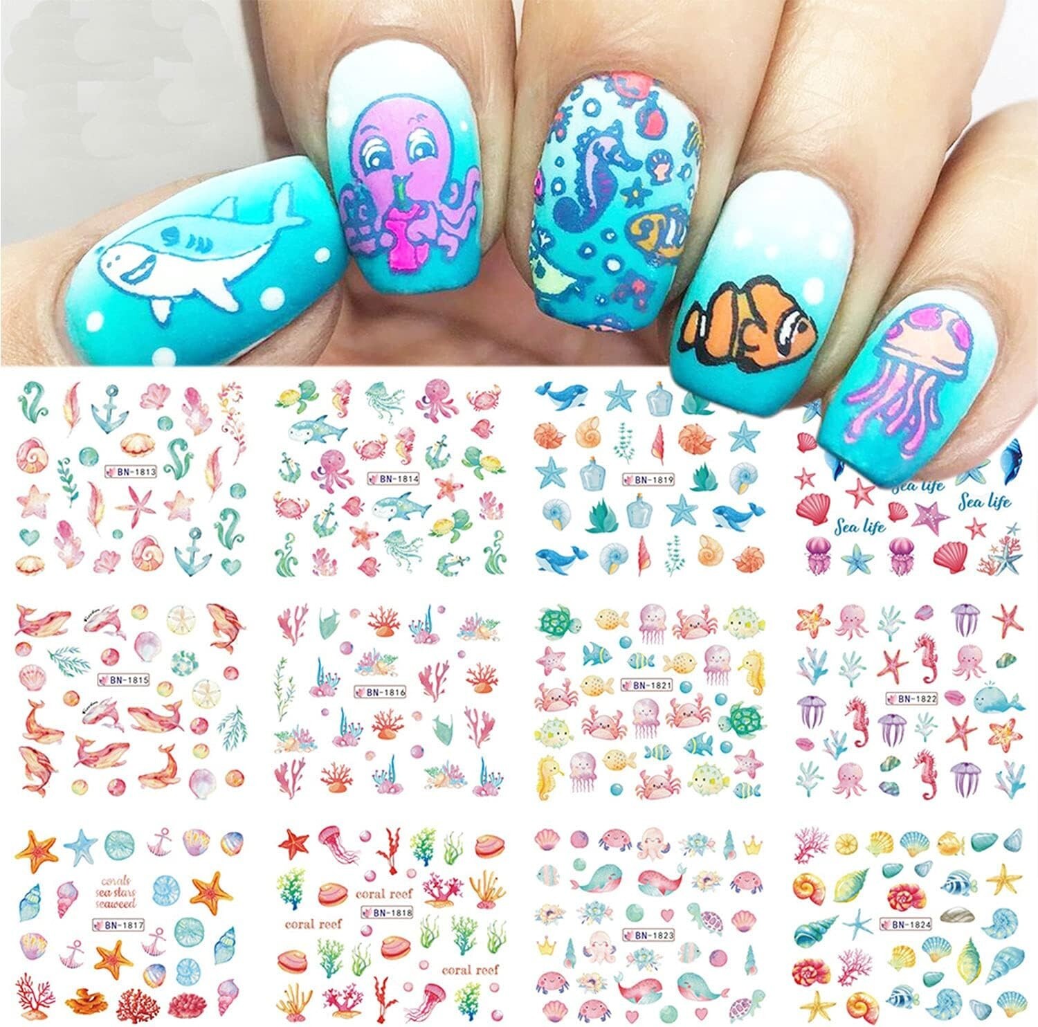 Ocean Themed Water Transfer Nail Decals – 12 Sheets – New
