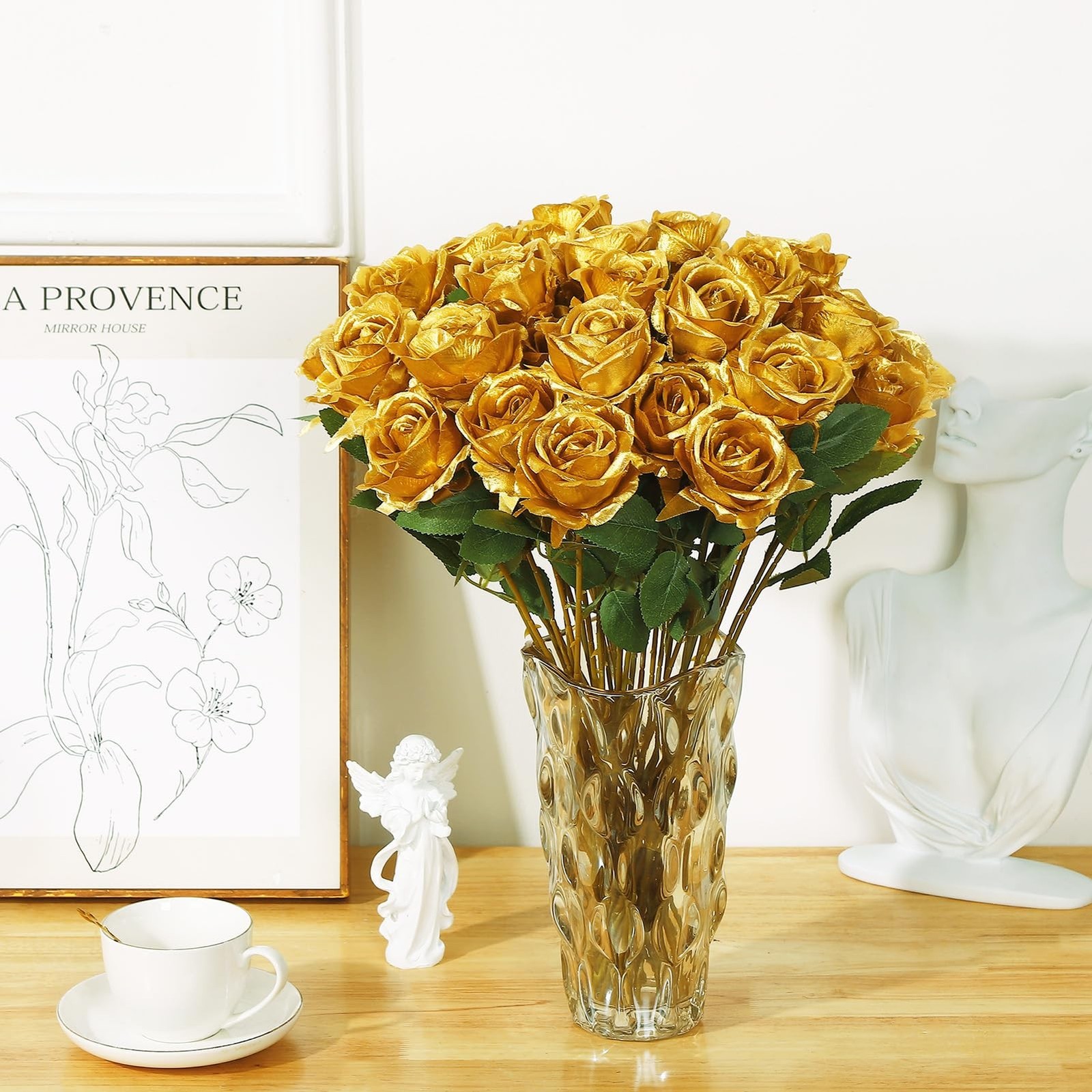 36 Pcs Gold Artificial Roses with Long Stems, Fake Silk Rose Artificial Flowe…
