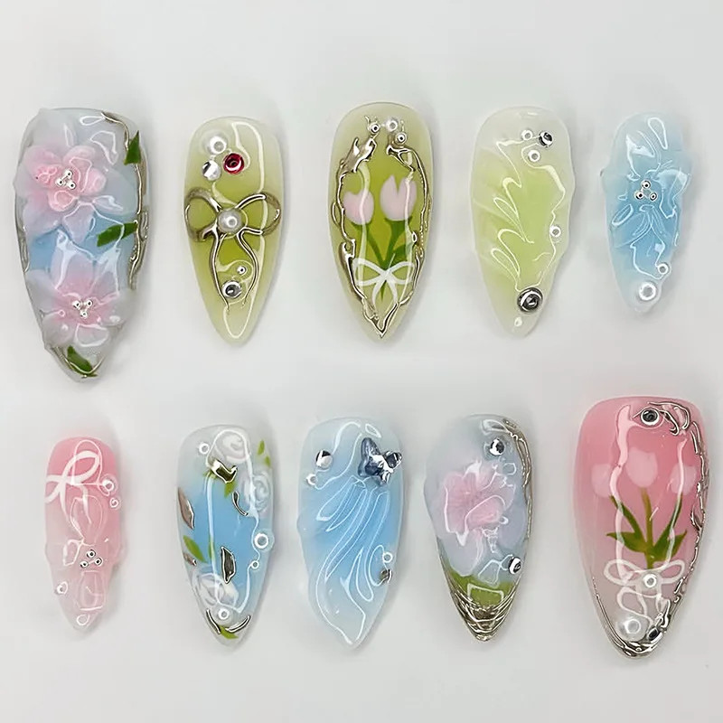 24Pcs Wearable False Nails 3D Flower Strawberry Green Gradient Pearl Mid-length