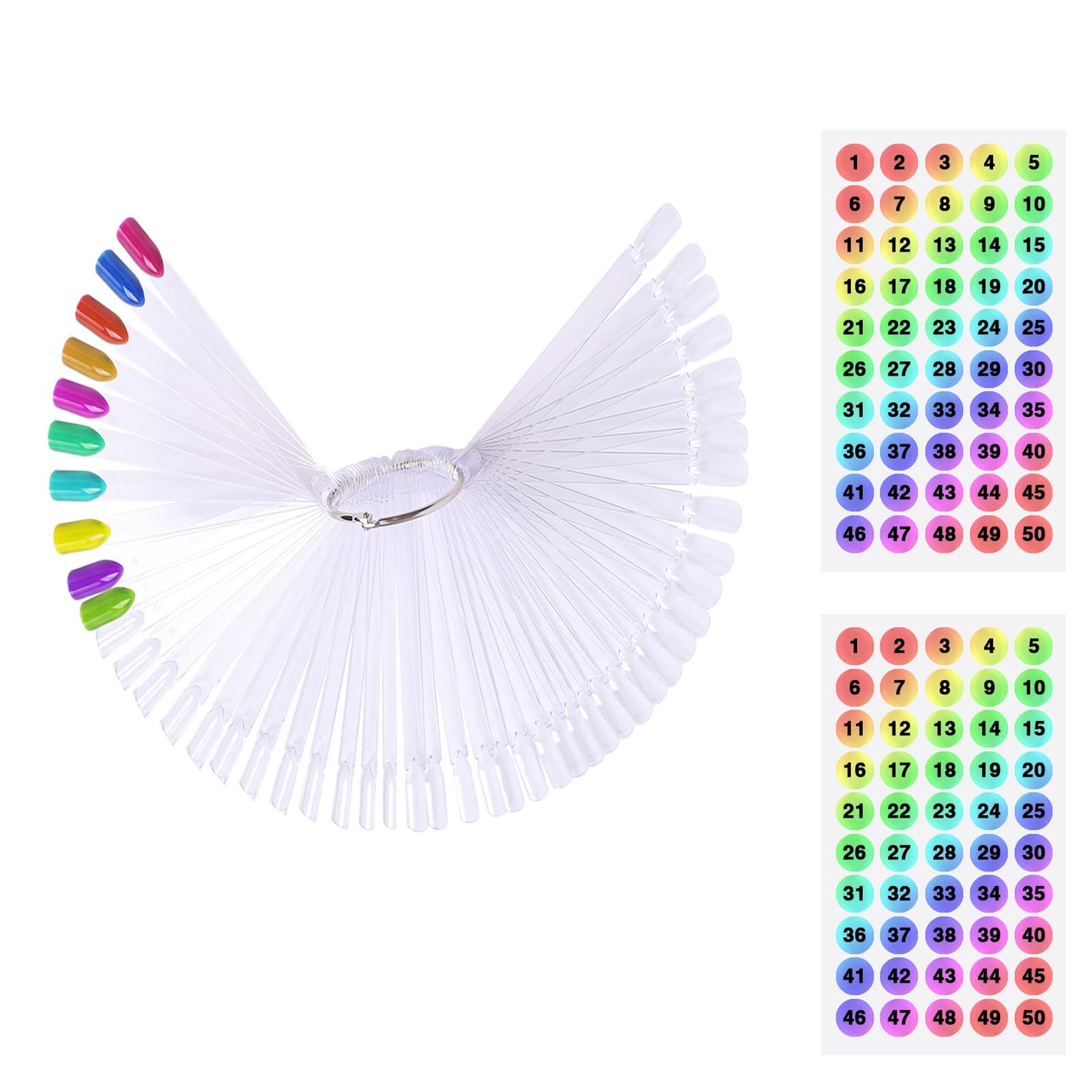50 Pcs Clear Fan Shape Nail Color Swatches Sticks with Ring for Manicure