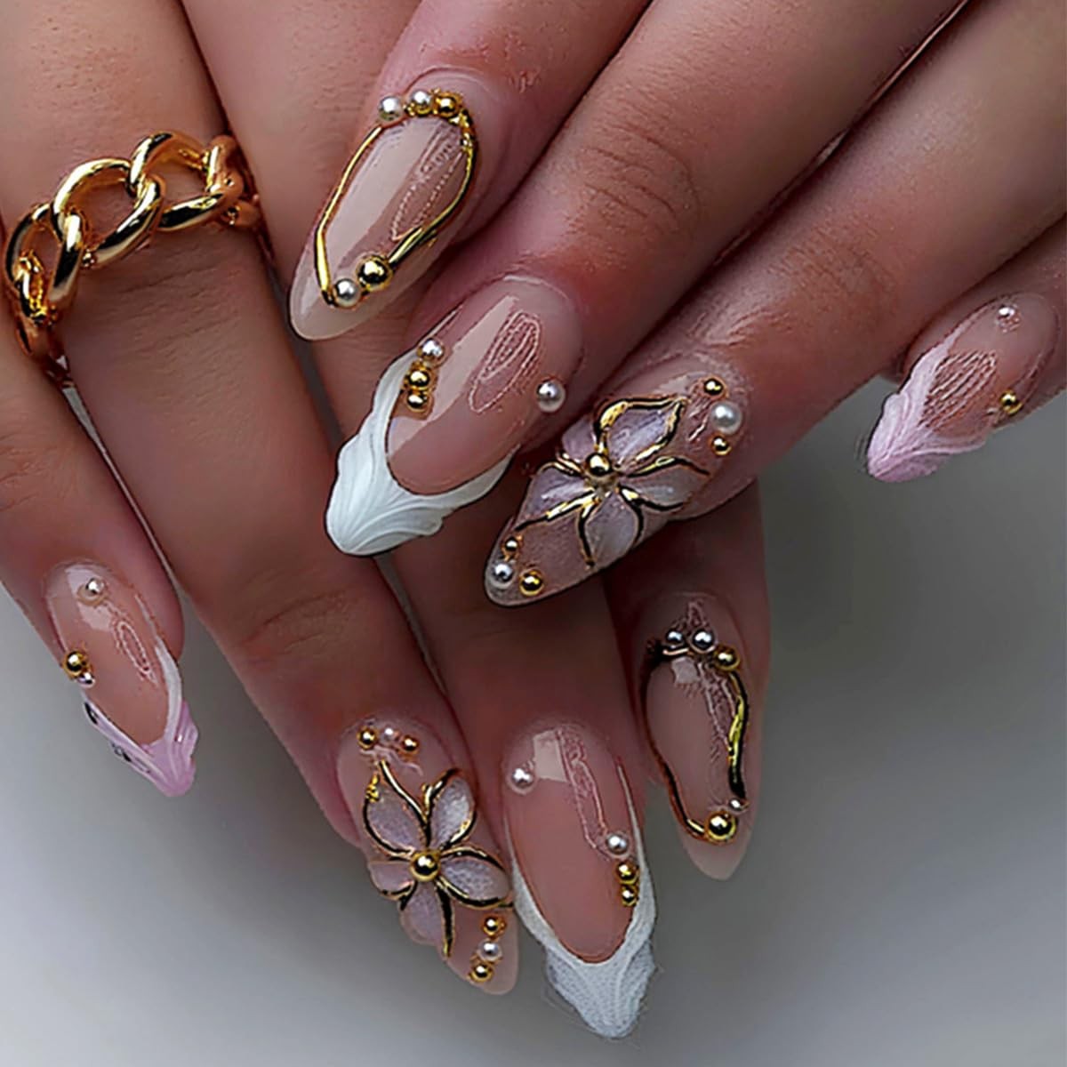 3D Press on Nails White Medium Almond Gilded Flower Pearl Fake Nails Press on…