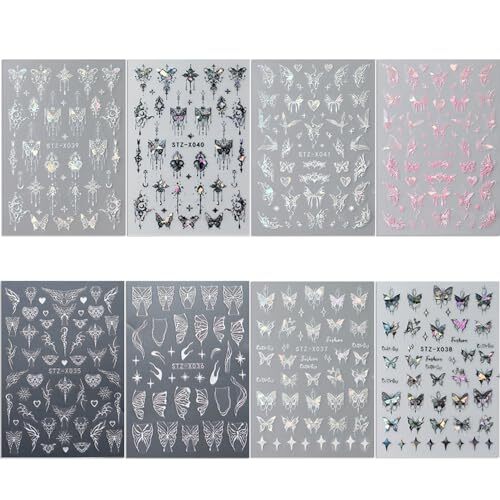 8pcs Metallic Silver Butterfly Nail Stickers 3D Laser Black Butterfly 1