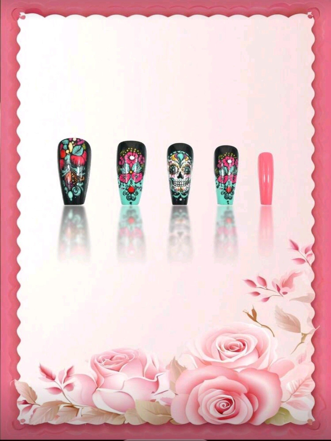 Press-On Nails Dia de los Muertos Multi-Colored Med/Long Coffin Shaped Shiny