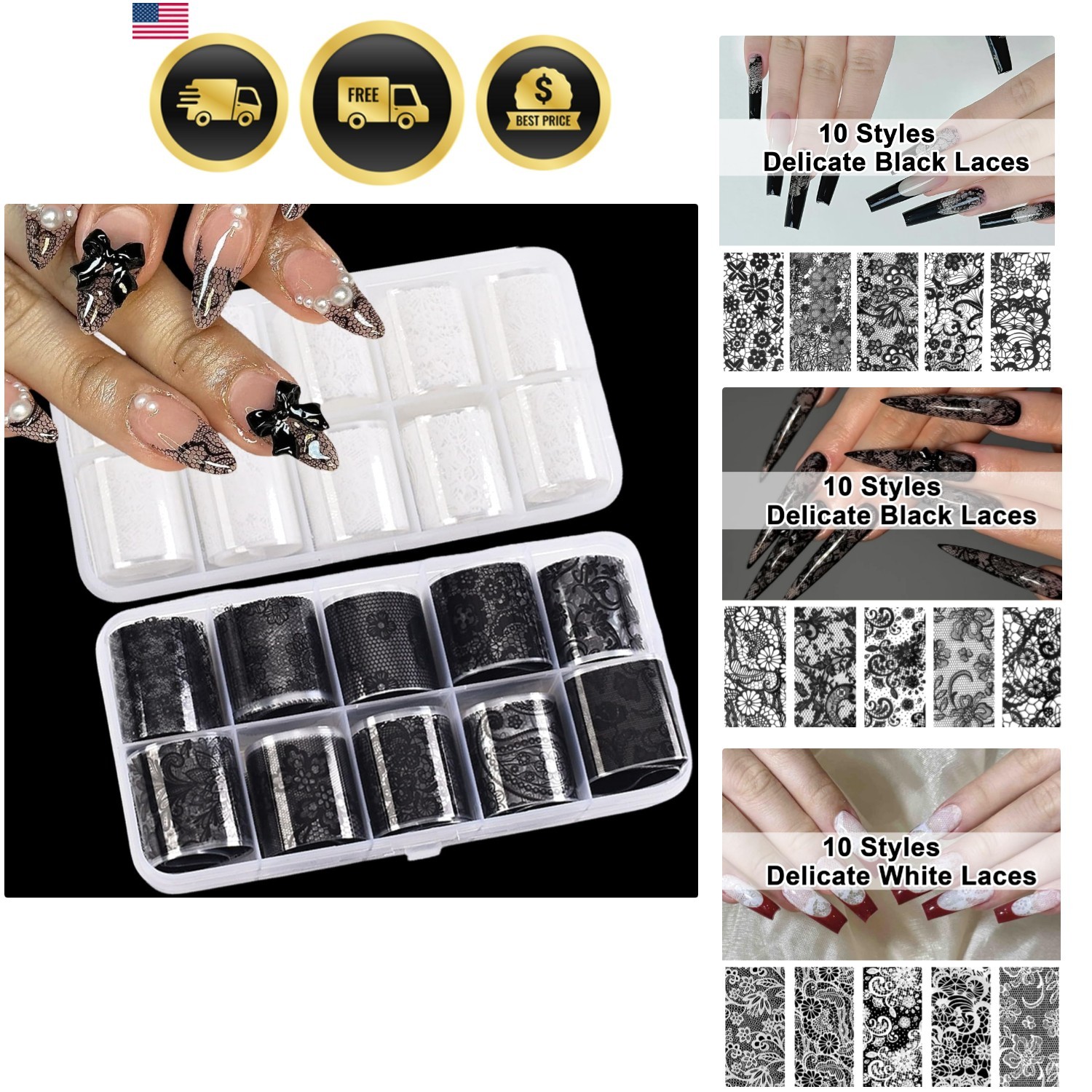 20 Rolls Lace Nail Foil Sheets, 2 Boxes Black and White Flower Nail Foils Tra…