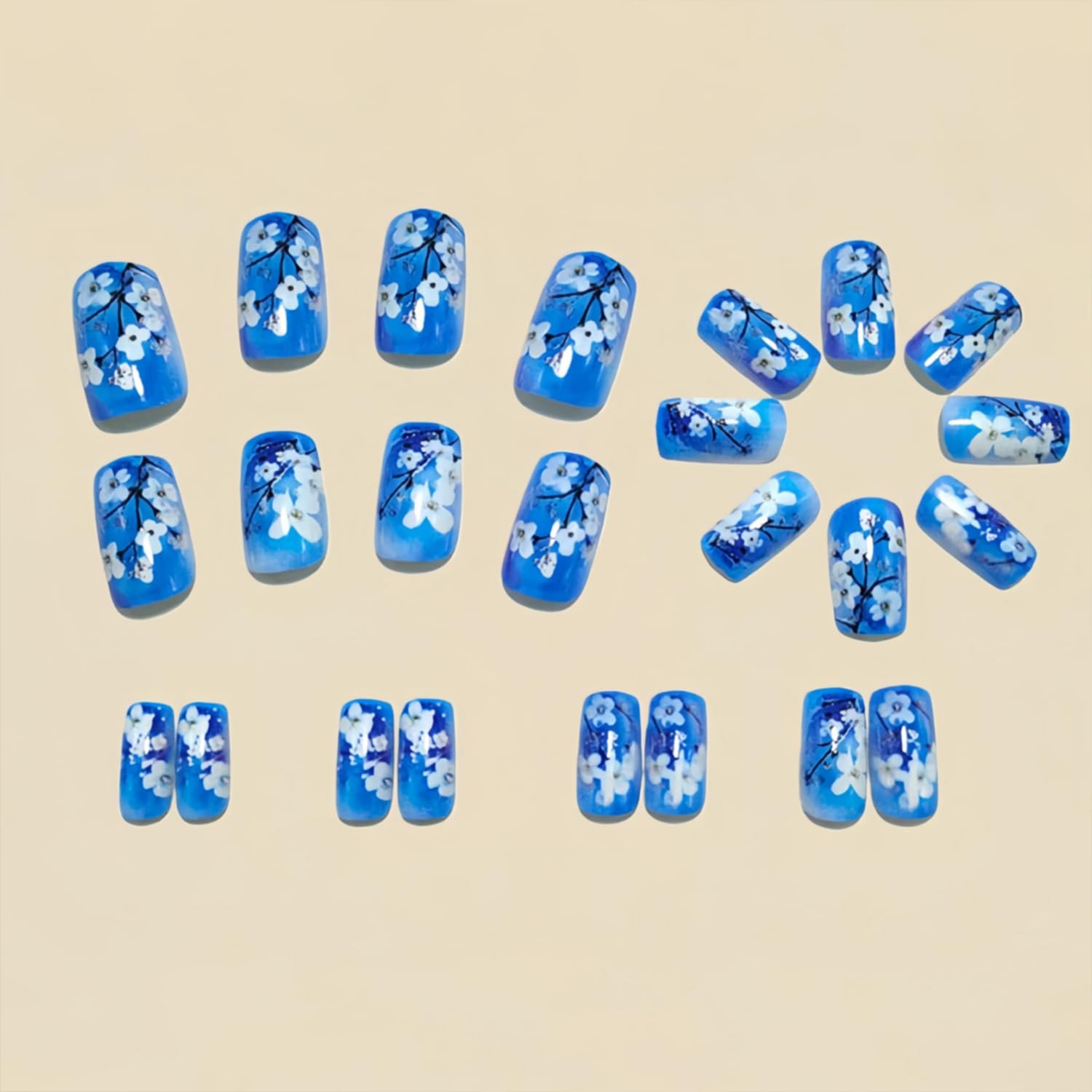 LWTZLW Blue Press on Nails Medium Square False Nails White Flower Design Full…
