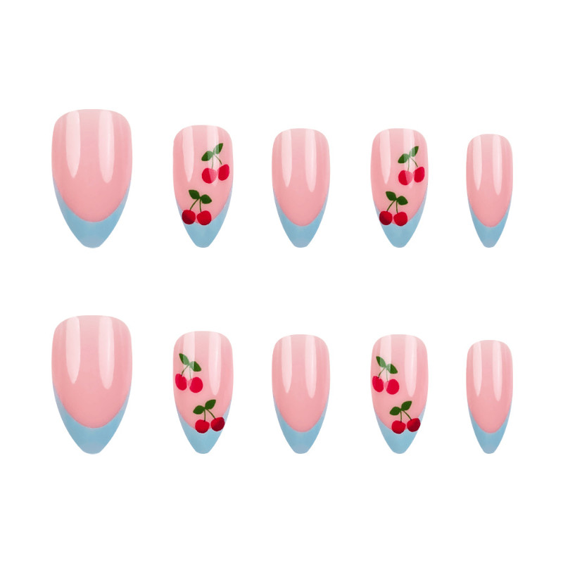 48pcs Almond Press on Nails, Light Blue French Tip Lovely Cherry Decor Nail Art